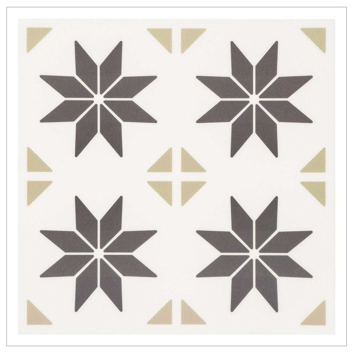 A square decorative tile or print featuring a repeating geometric pattern with four large dark brown eight-pointed star motifs, small beige corner triangles, and a central beige cross motif on an off-white background.