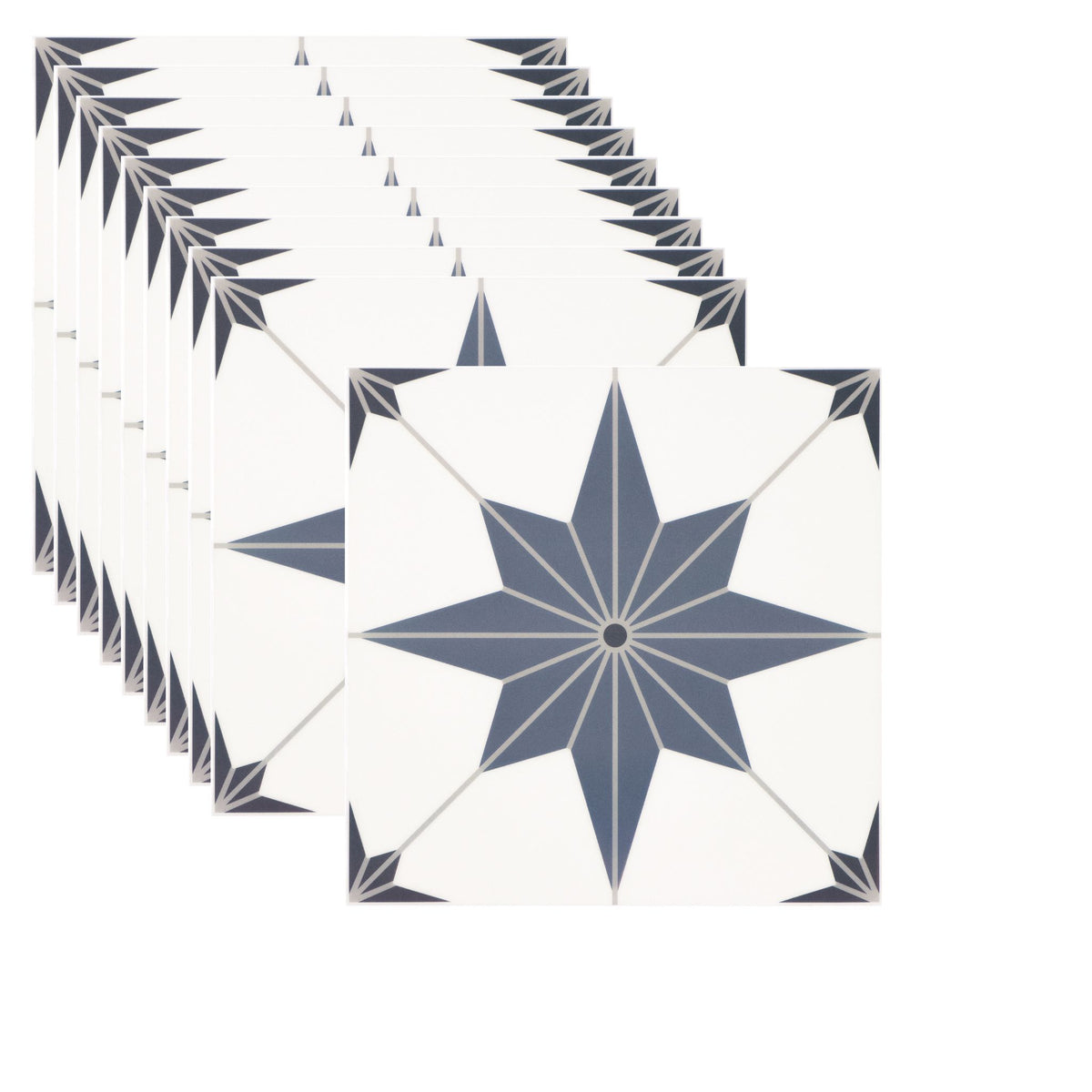 A stack of square decorative tiles or wall panels with a geometric star pattern in muted blue-grey on an off-white background, shown against a plain white studio backdrop.