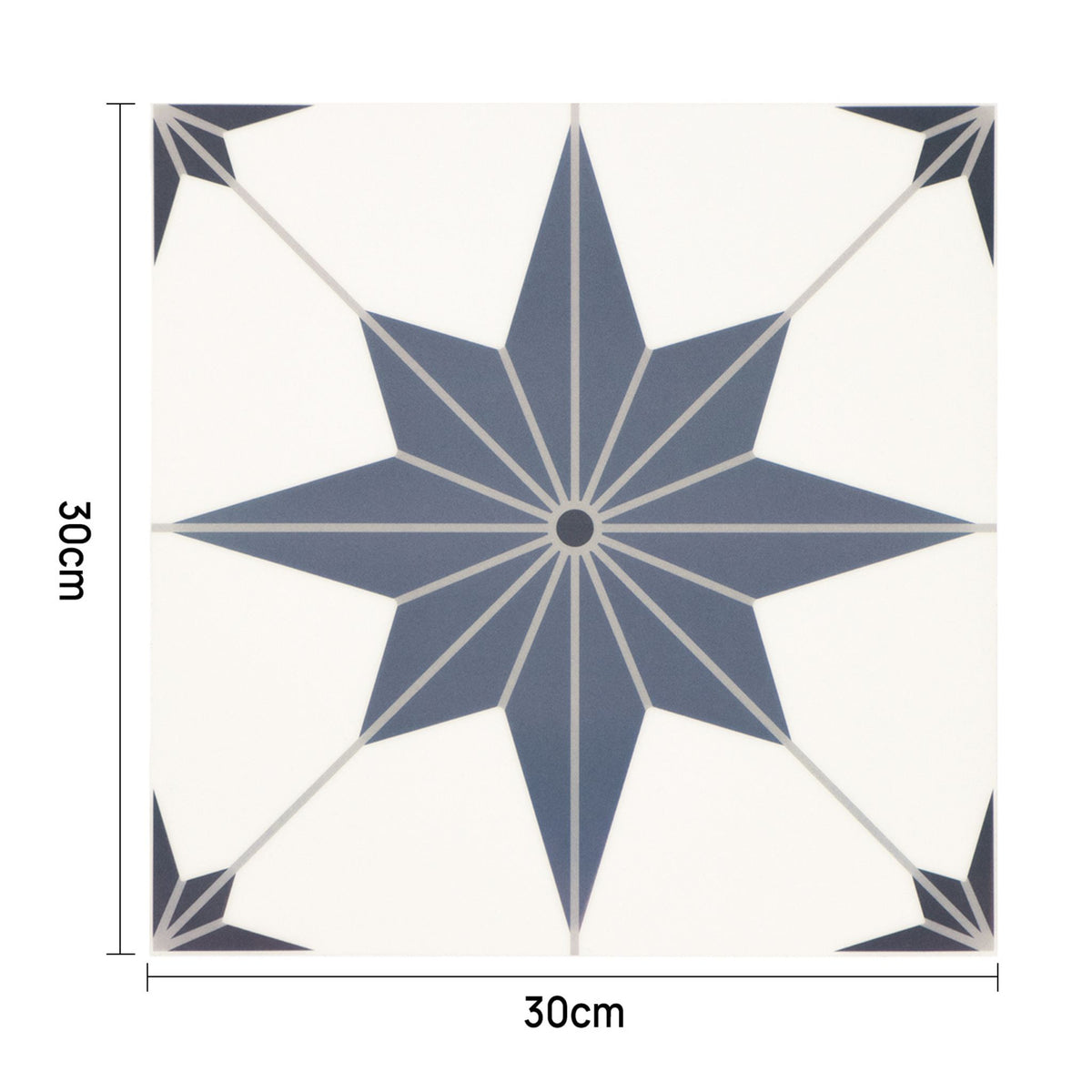 A square decorative tile shown with dimension labels. The design features a large blue-grey eight-pointed star centred on an off-white background, with smaller matching star motifs in the corners.