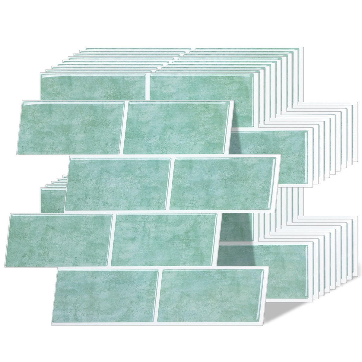 A stack of rectangular wall tiles with a textured mint green and light green brick pattern, arranged in staggered rows on a white background.