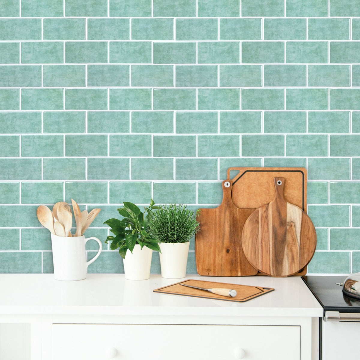 Seaglass green subway tiles kitchen splashback