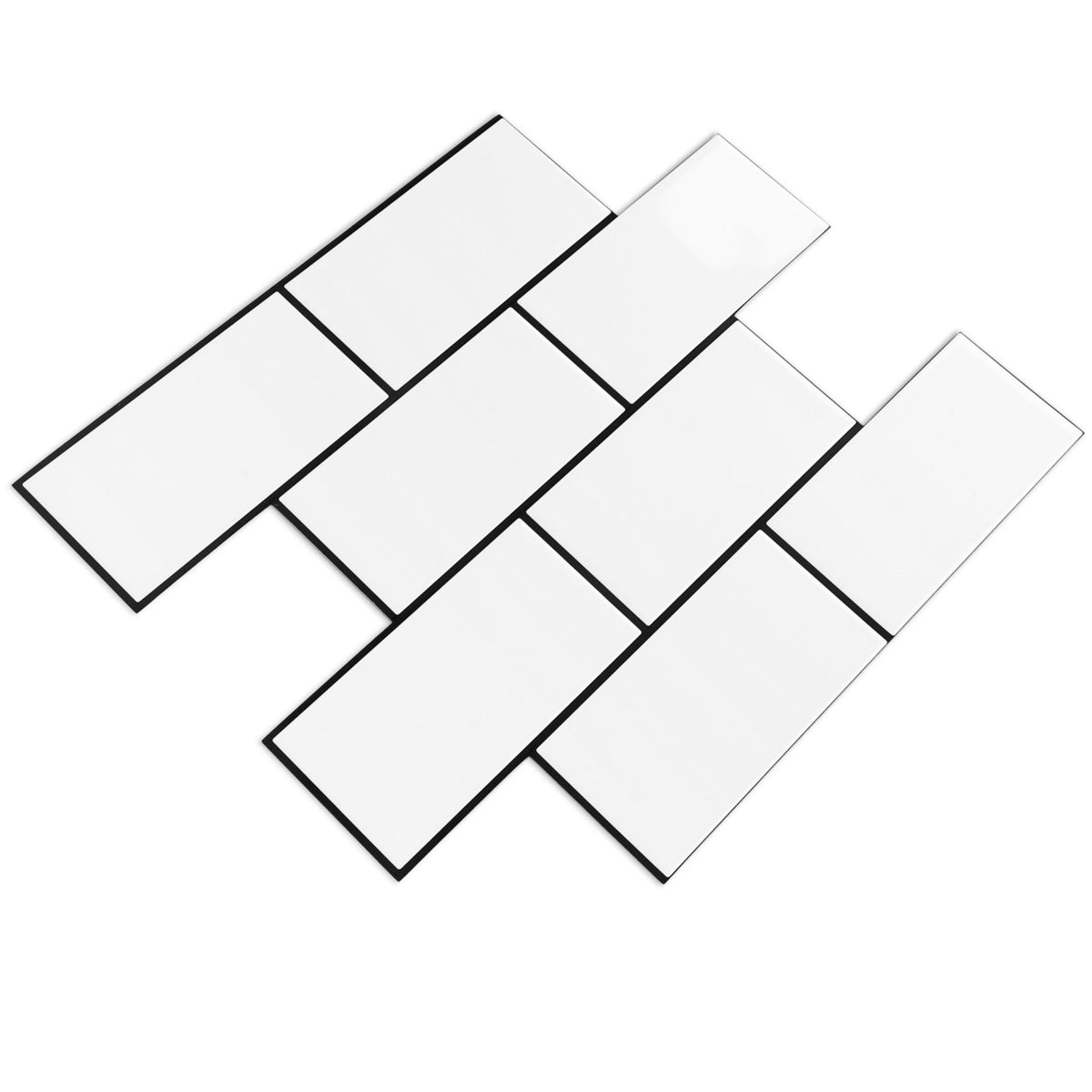 White subway tile mosaic sheets with thin black grout lines, shown on a solid white background.