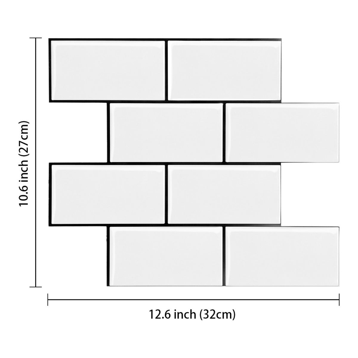 A dimension diagram showing a staggered brick layout of white rectangular subway tiles with black grout lines.