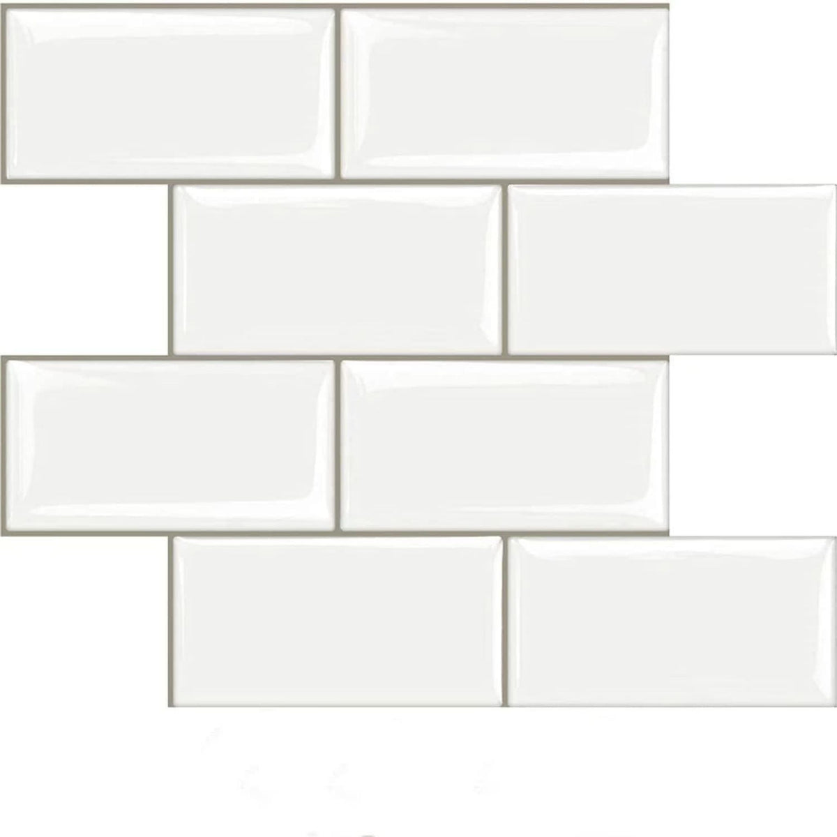 White subway tile mosaic pattern arranged in a staggered brick layout on a white background.