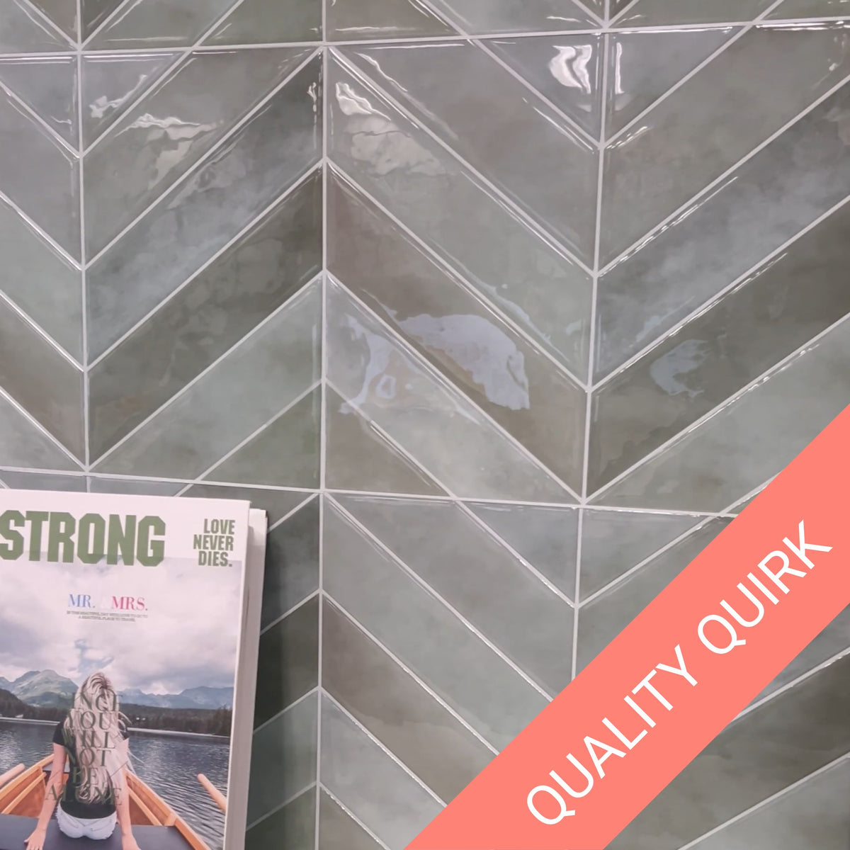 Quality Quirk - Colour Transition - Chevron Wall Tile | Green with Light Grey Grout - 29.0cm (W) x 22.8cm (H) x 1.2mm (T)