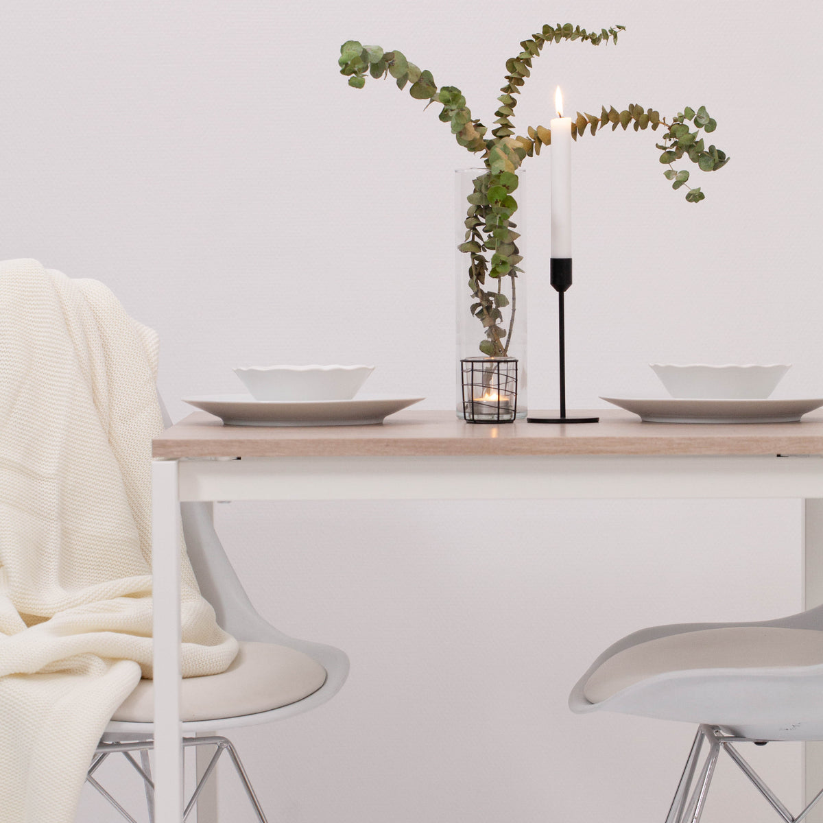 white dinner table and chairs with the top covered in santana oak vinyl