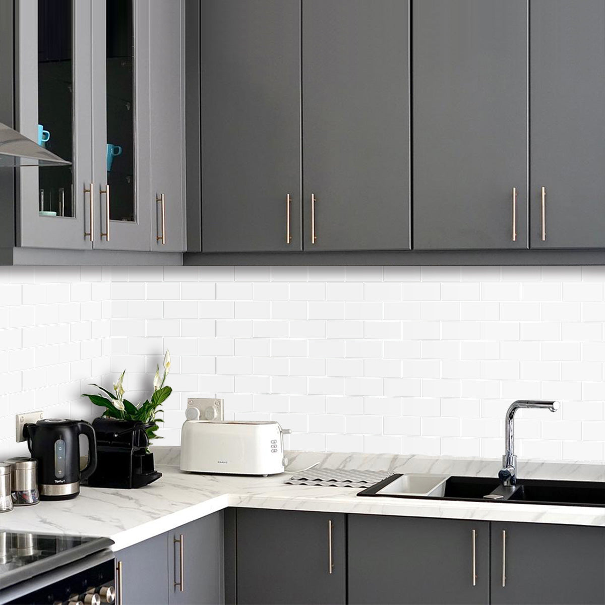 Kitchen with white subway tiles with white grout