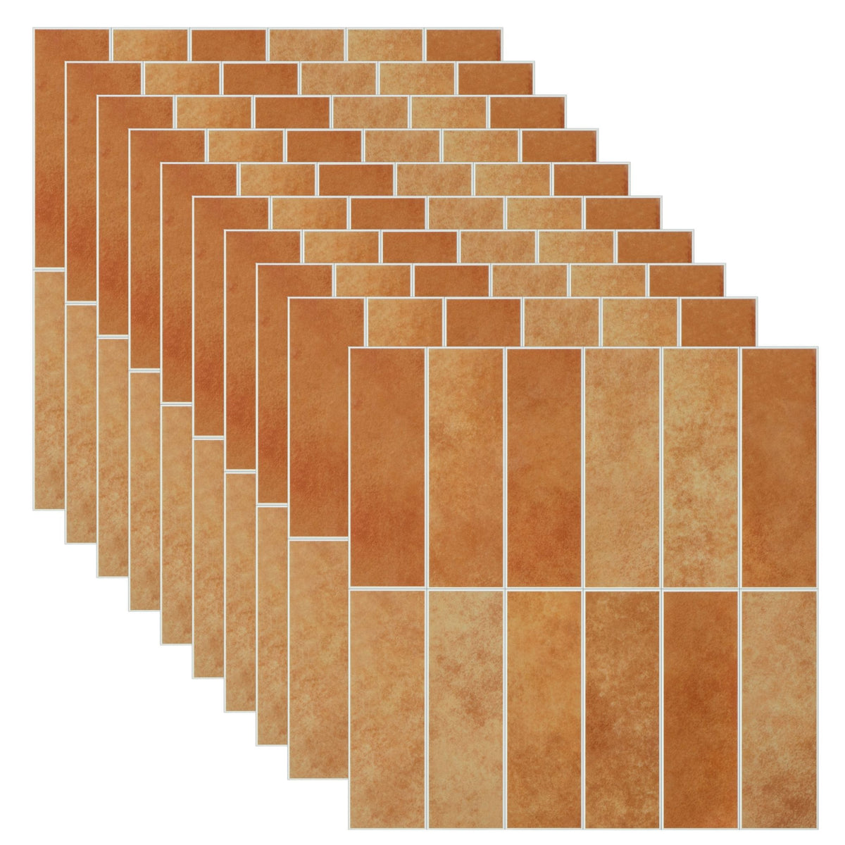 A set of rectangular composite wall tiles in a warm terracotta and tan colour, arranged in a staggered stack on a plain white background.