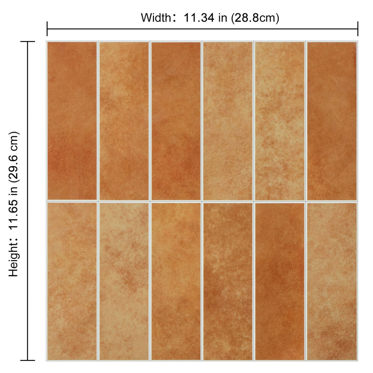 A sheet of burnt orange matte stacked subway tiles with measurement