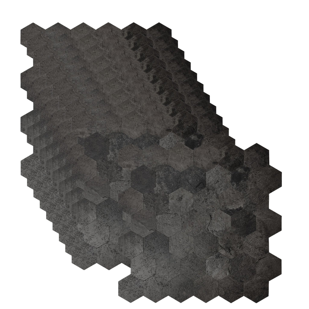 Hexagonal dark gray textured tiles arranged in a staggered pattern on a solid white background.