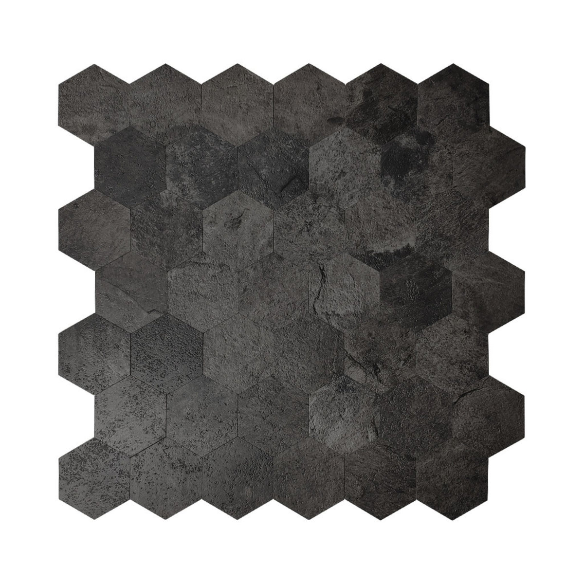 Hexagonal stone tile mosaic in a dark charcoal grey finish, arranged in a staggered pattern on a solid white background.