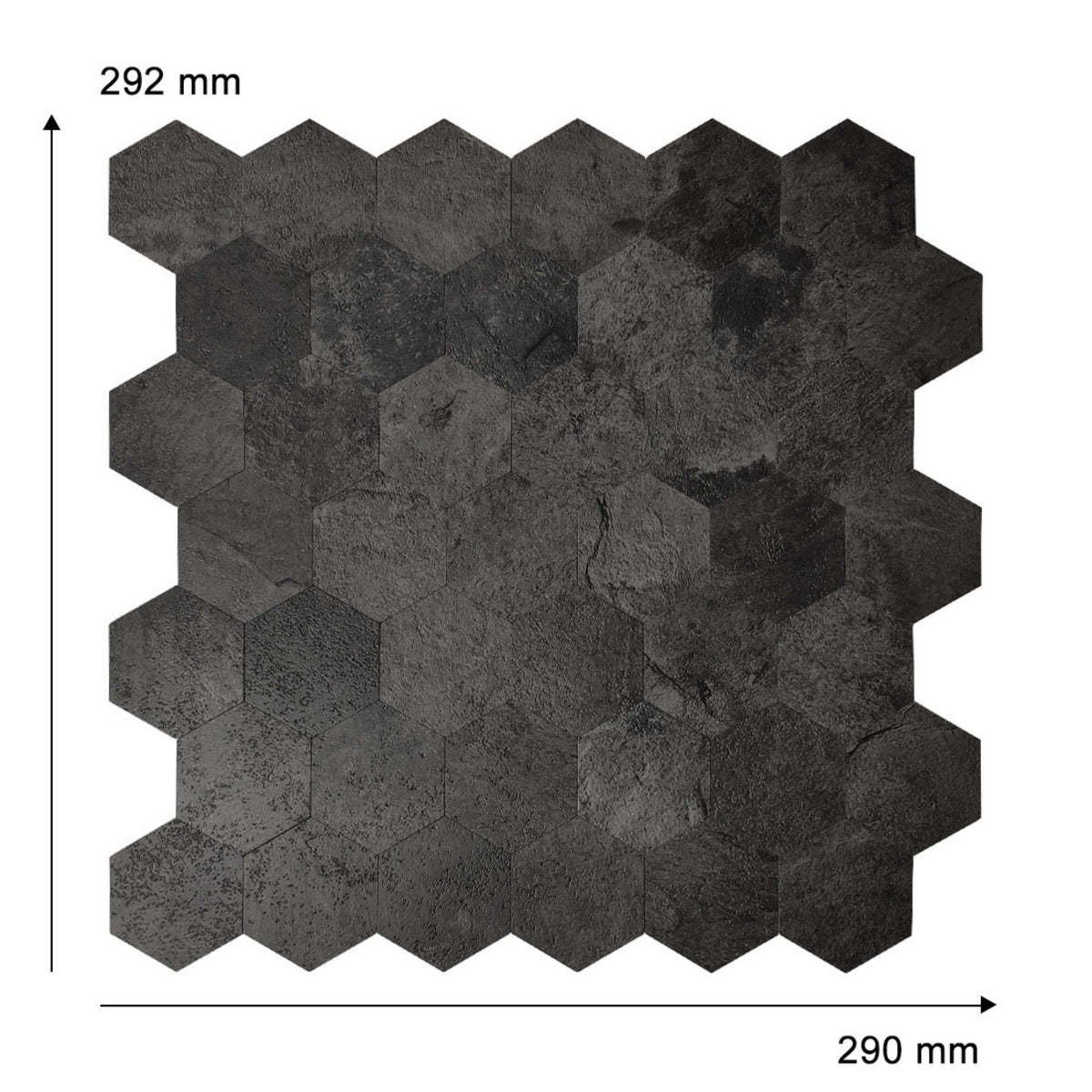 Hexagonal stone tile sample with a dark charcoal and black textured pattern, shown with dimension markers of 292 mm in height and 290 mm in width on a white background.
