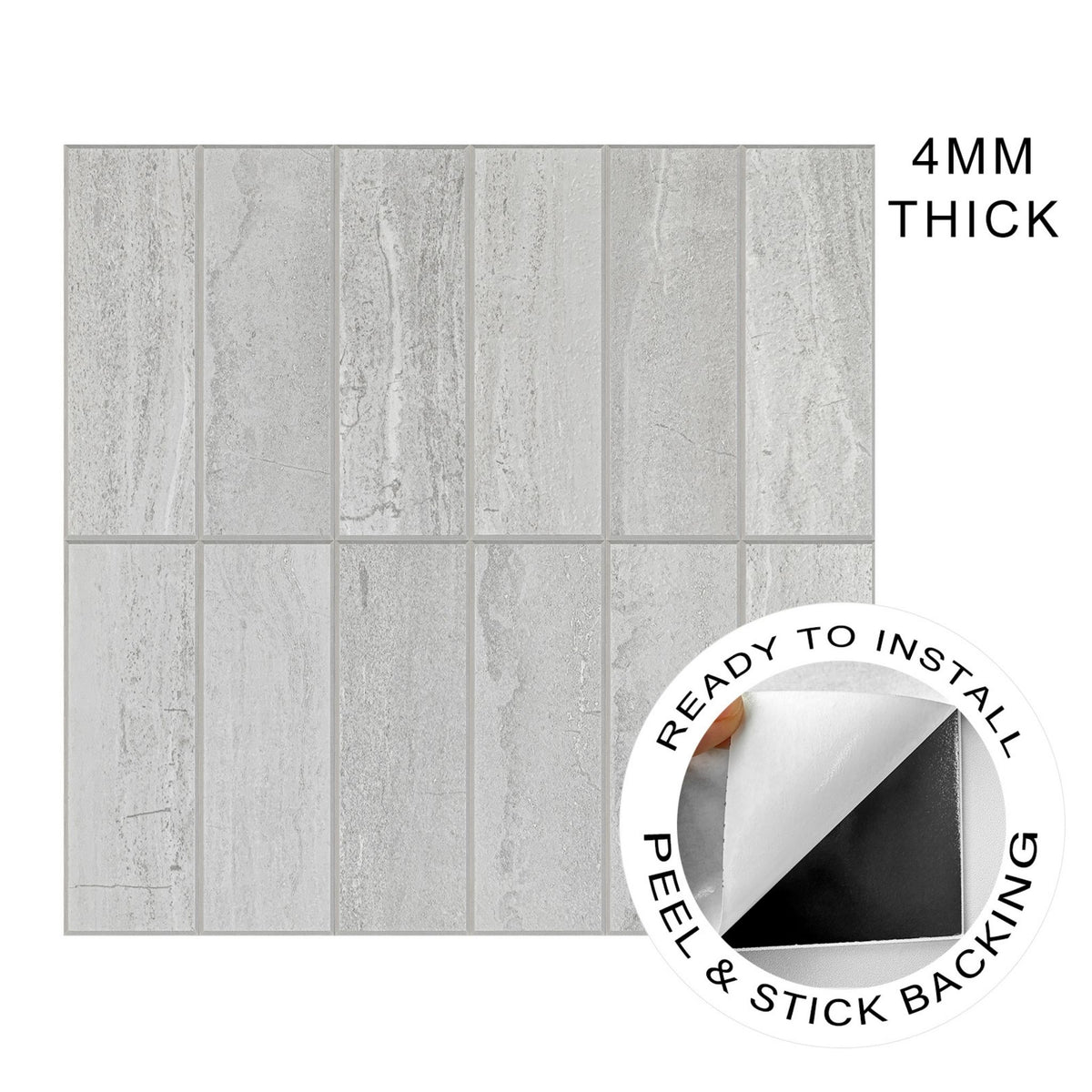Light grey wood-look rectangular floor tiles arranged in a grid, with text reading '4MM THICK' and a circular inset showing the peel-and-stick backing.