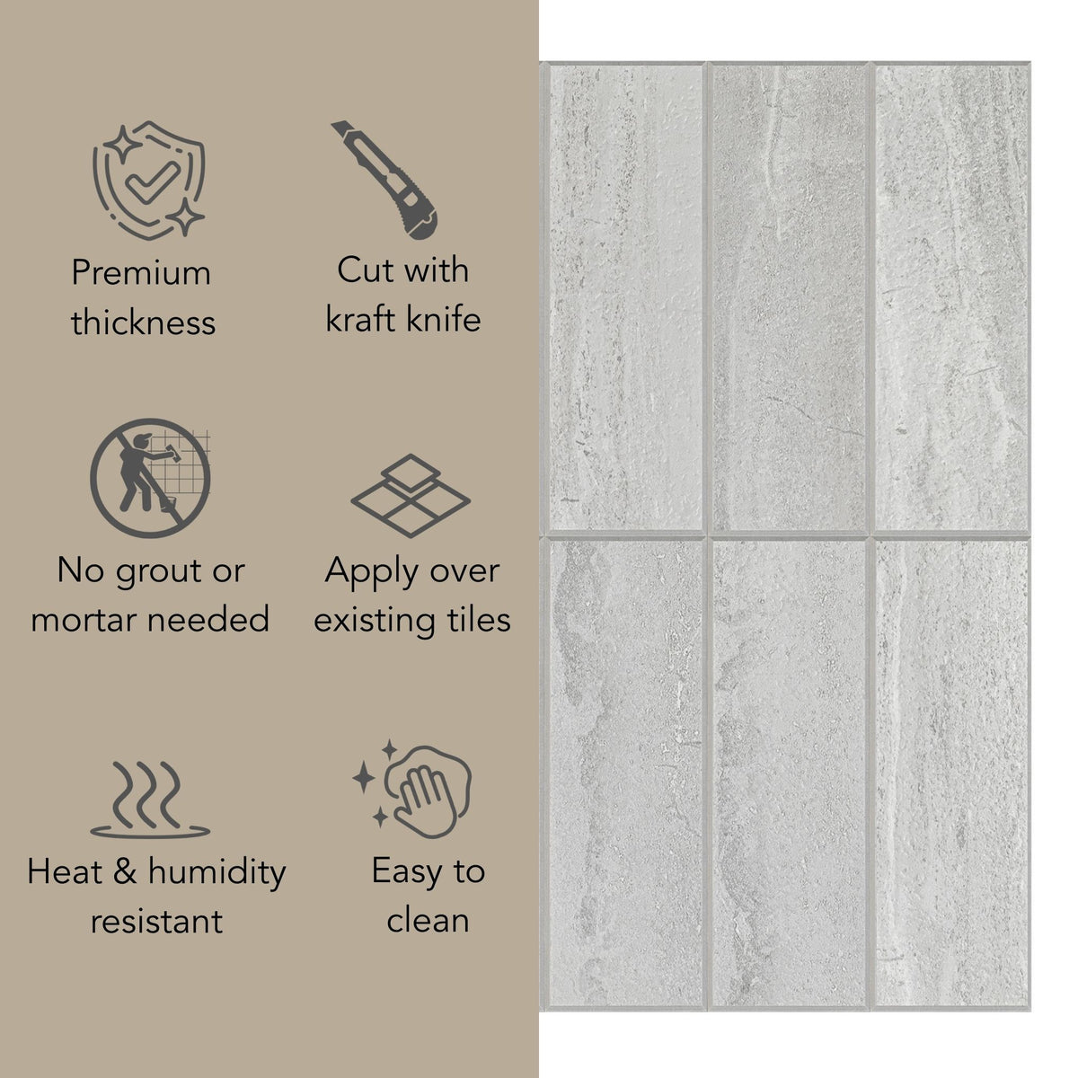 Light grey textured tile sample shown next to feature icons and text describing installation and care benefits, including premium thickness, cut with a kraft knife, no grout or mortar needed, apply over existing tiles, heat and humidity resistant, and easy to clean.