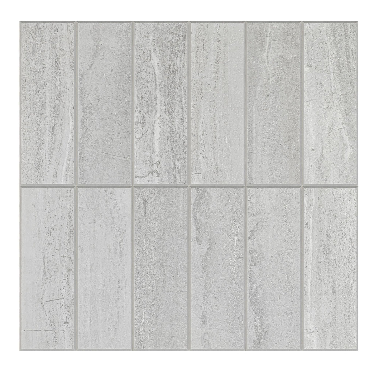 Light grey stone-look rectangular tiles arranged in a grid pattern, showing a textured surface with subtle natural variation.