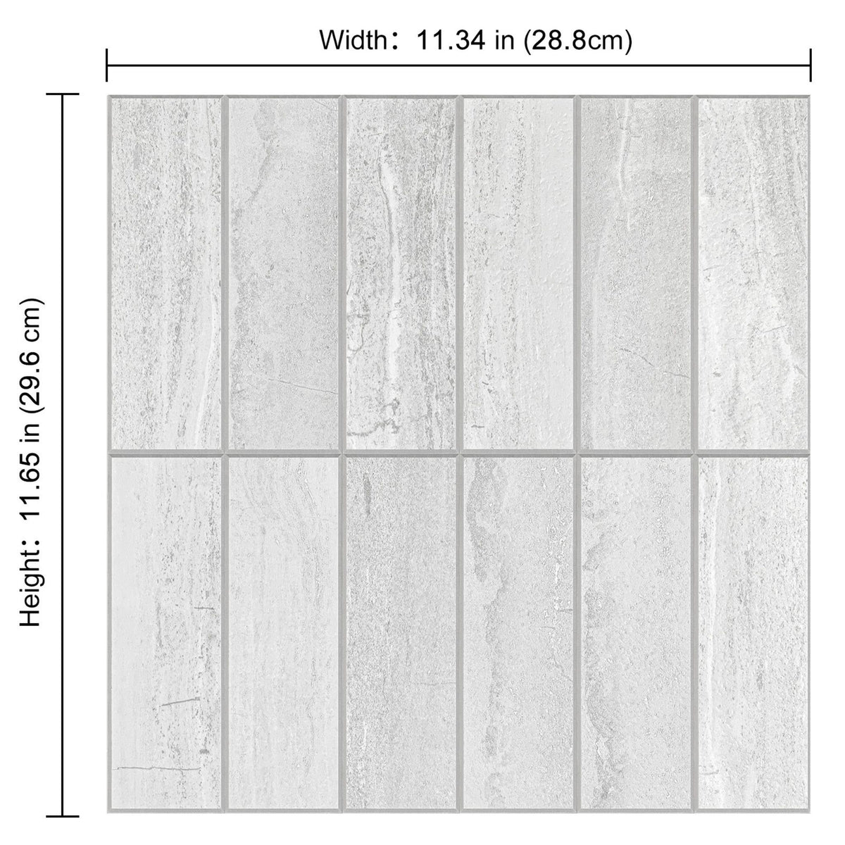 A tile sample grid showing light grey stone-look rectangular tiles with dimension labels indicating a width of 29.6cm x 28.8cm