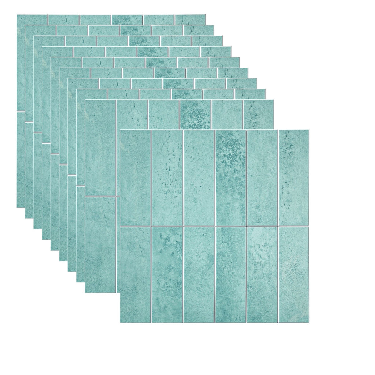 A set of rectangular mosaic tiles in a distressed turquoise or mint green color, arranged in a staggered stack on a plain white background.