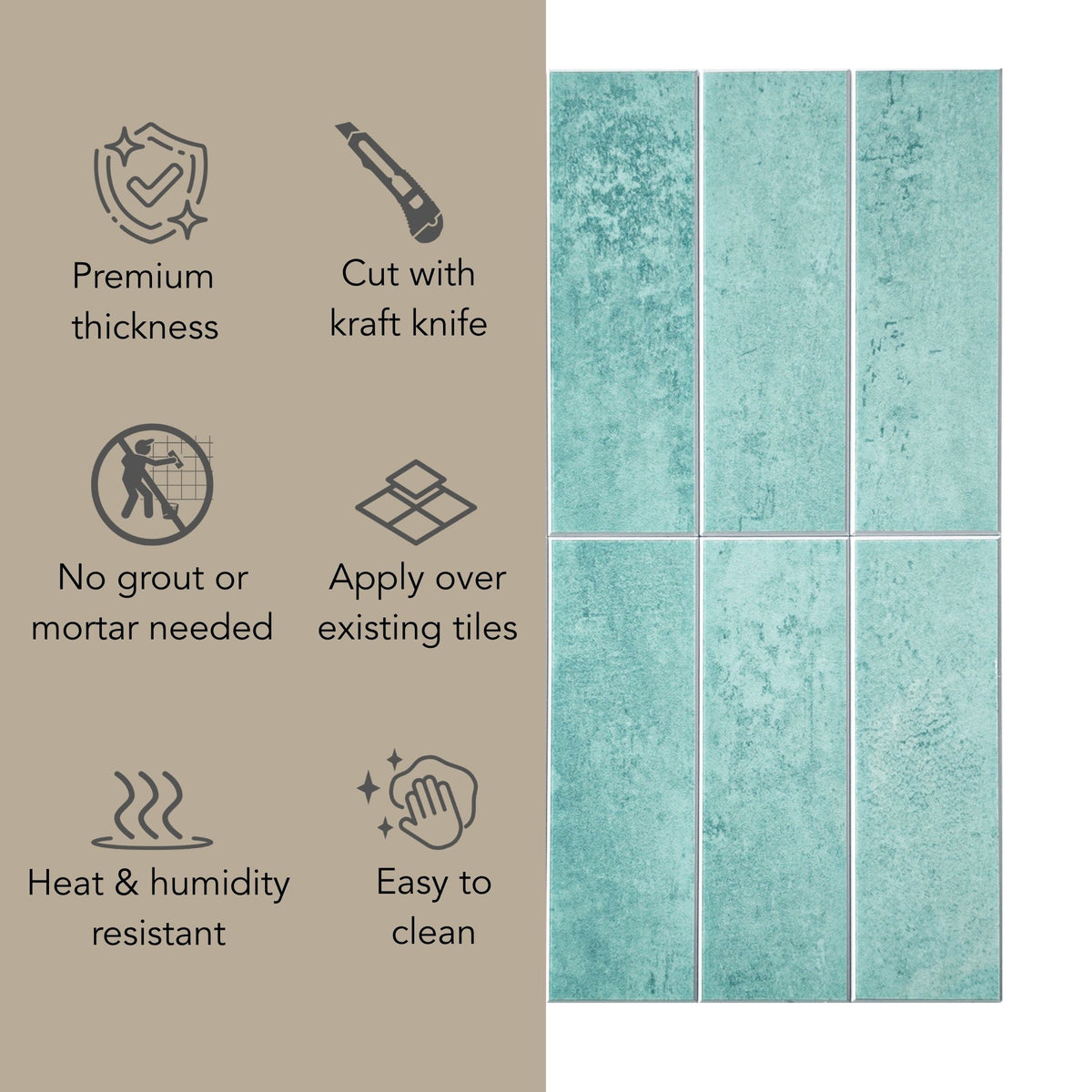 Six rectangular aqua-blue textured tiles shown on a white background, with a beige panel on the left listing features such as premium thickness, cut with a kraft knife, no grout needed, heat and humidity resistance, and easy cleaning.