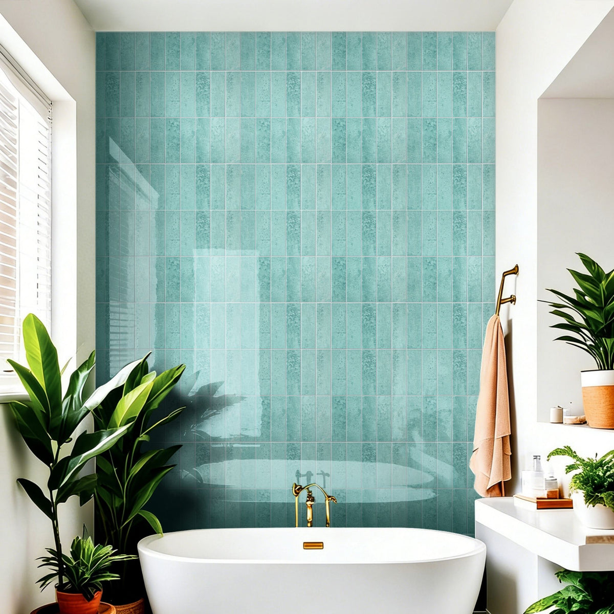 Distressed teal glossy stacked subway tiles on a bathroom wall behind a bath surrounded by green plants