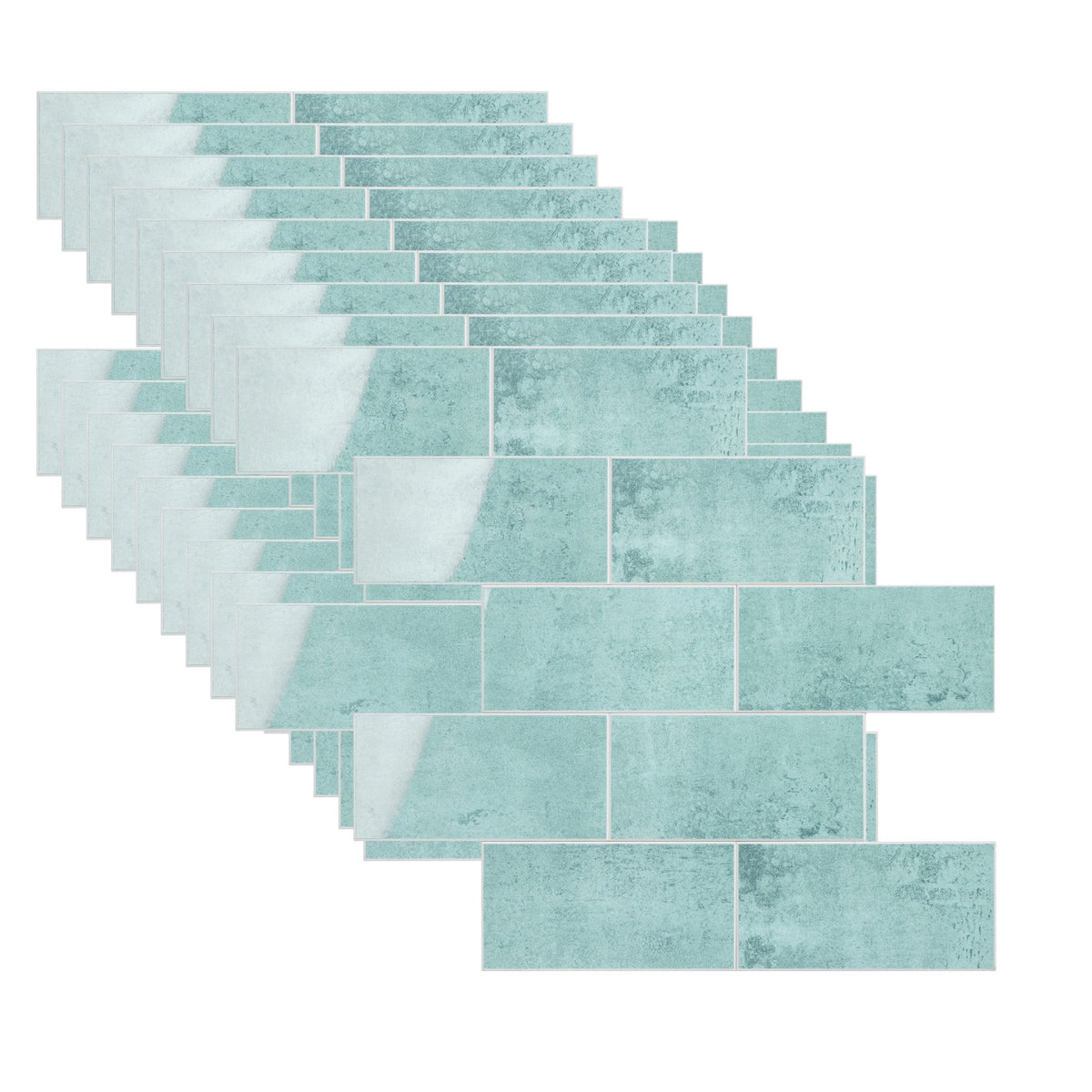 A set of rectangular mosaic tiles in a distressed light teal or mint green color, arranged in a staggered stack on a plain white background.