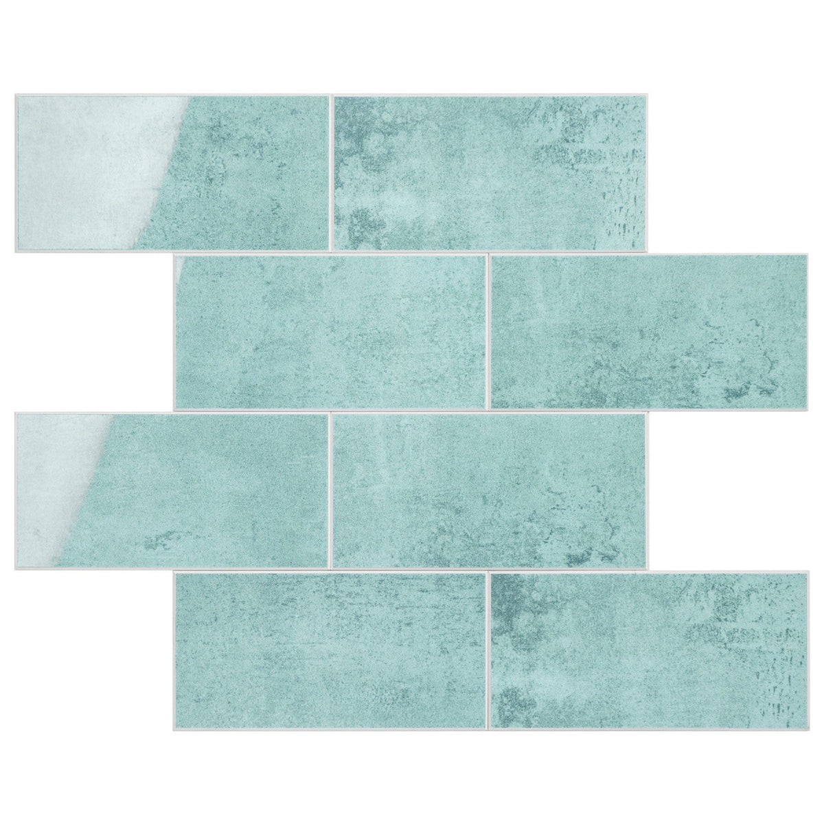 Mint green subway tile mosaic with a textured, distressed finish, arranged in a staggered brick pattern on a white background.