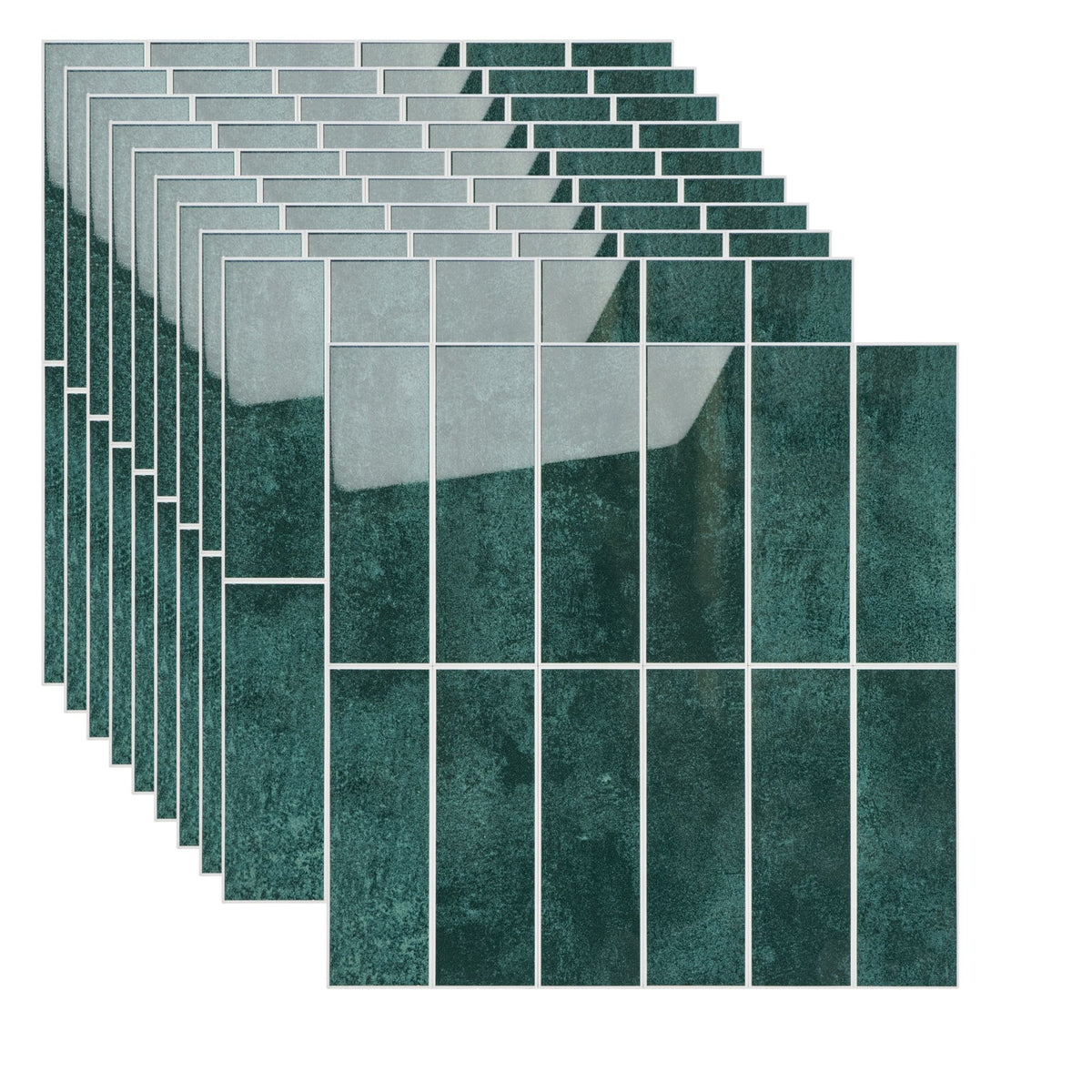 A stack of emerald teal stacked subway tile sheets on a white background