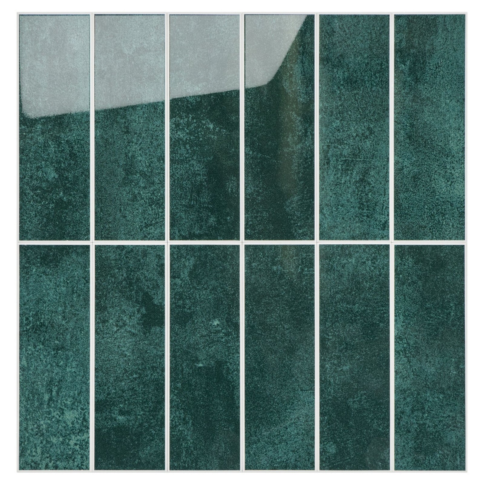 Emerald teal stacked subway tiles on a wall behind a vanity with a mirror