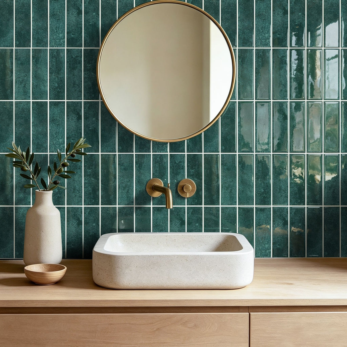 Emerald teal stacked subway tiles on a wall behind a vanity with a mirror