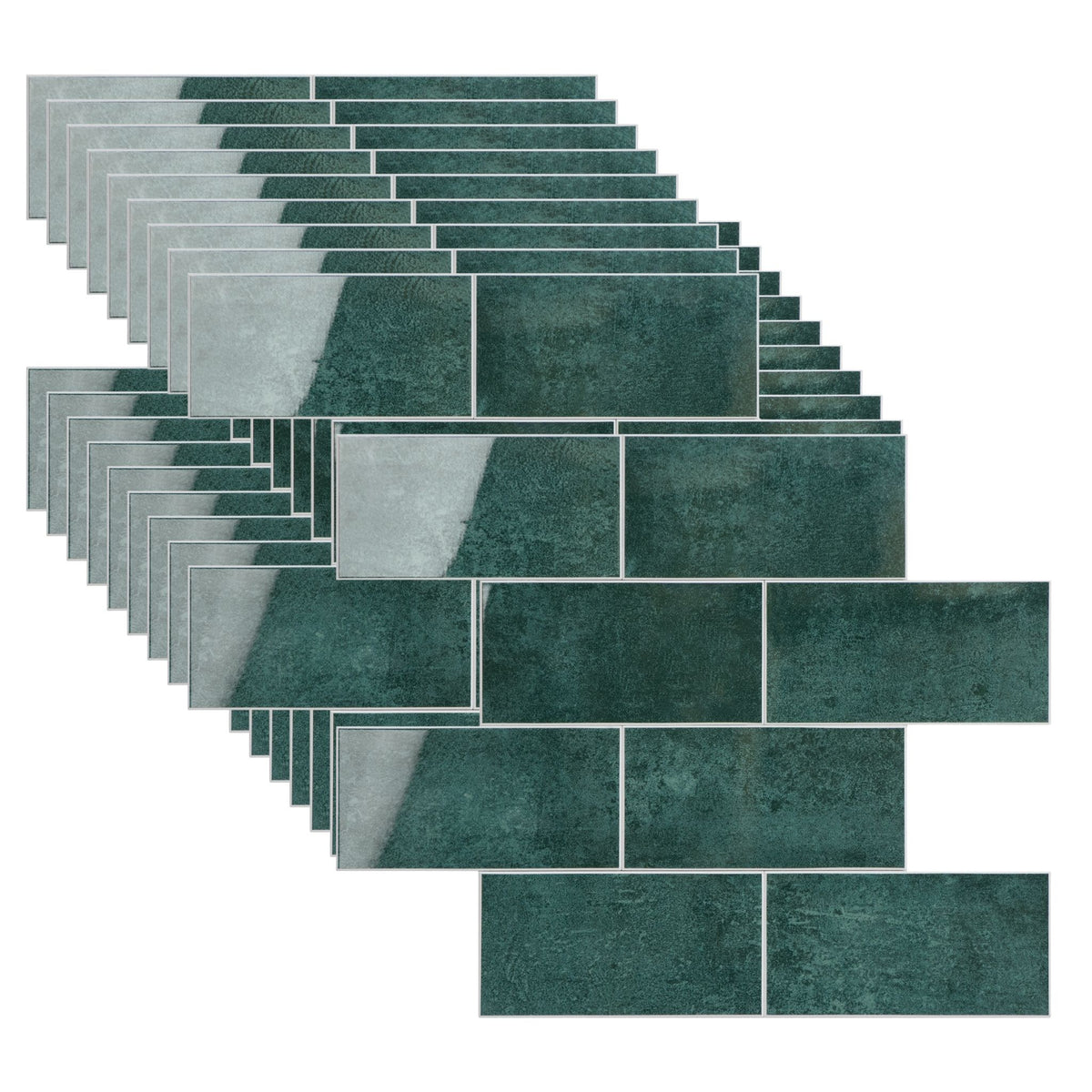 A stack of rectangular ceramic or porcelain subway tiles in a dark teal green color, arranged in a staggered herringbone pattern on a solid white background.