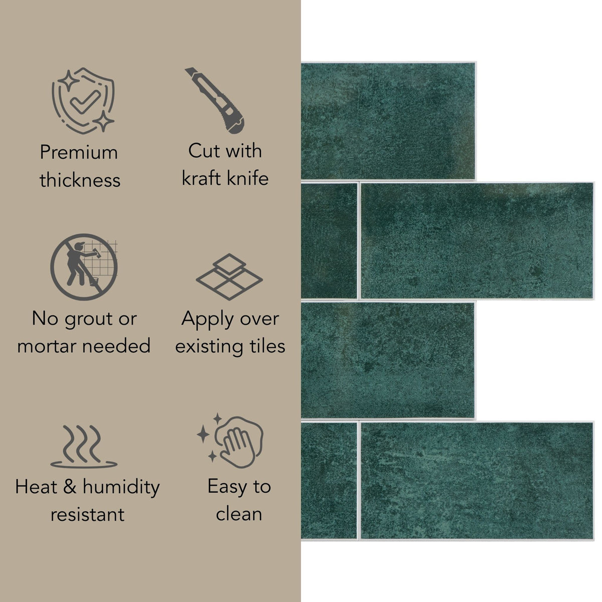 Dark teal textured ceramic subway tiles shown with feature callouts on a beige background, including premium thickness, cut with a kraft knife, no grout needed, heat and humidity resistant, and easy to clean.