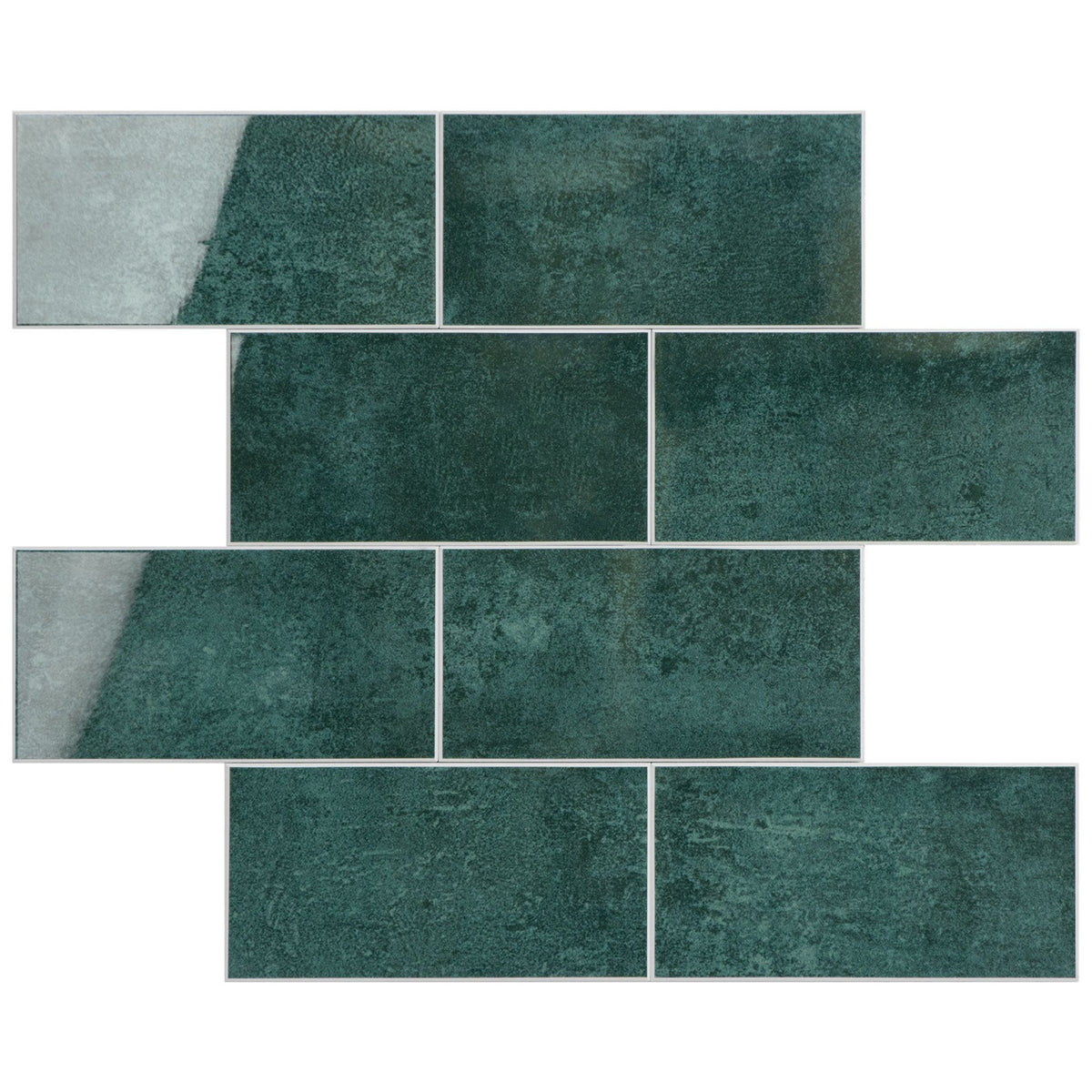 Dark teal green subway tile mosaic arranged in a staggered brick pattern on a white background.