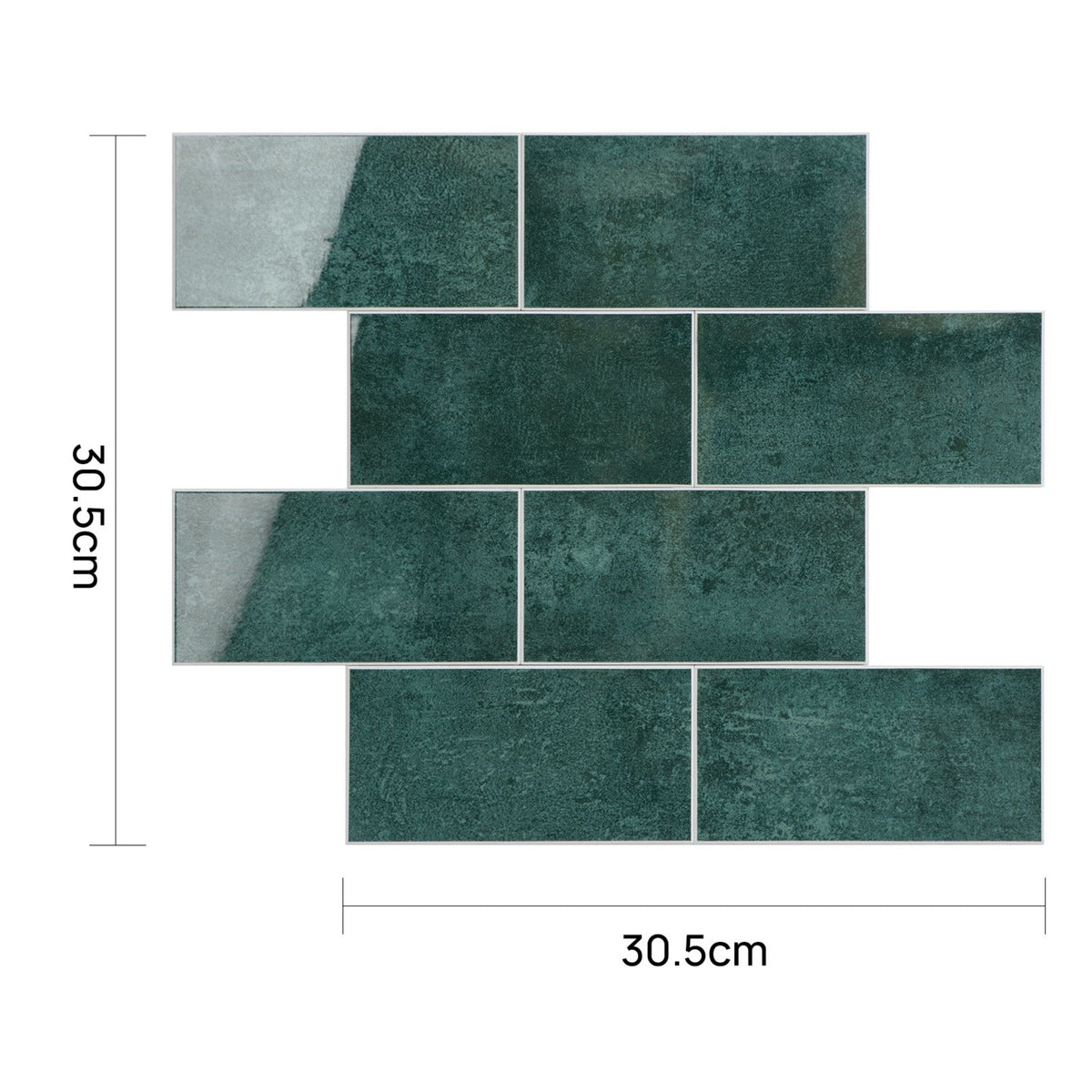 Dark green rectangular mosaic tiles arranged in a staggered brick pattern on a white background, with dimension lines indicating a height and width of 30.5cm.