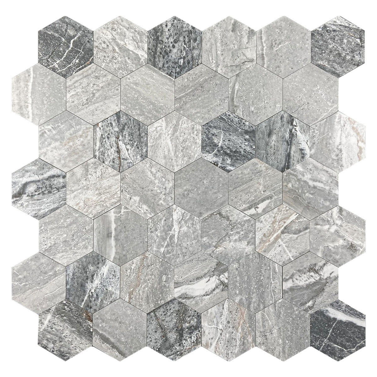 Hexagonal mosaic wall tiles in a gray and white marble pattern, arranged in a staggered grid on a white background.