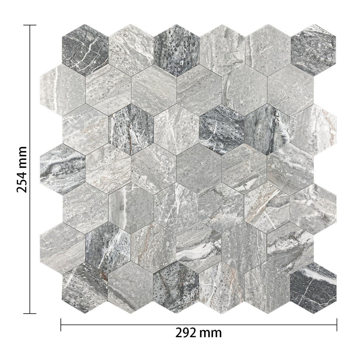 Hexagonal marble mosaic tile sheet with dimensions 254 mm in height and 292 mm in width, shown on a white background with measurement markers.