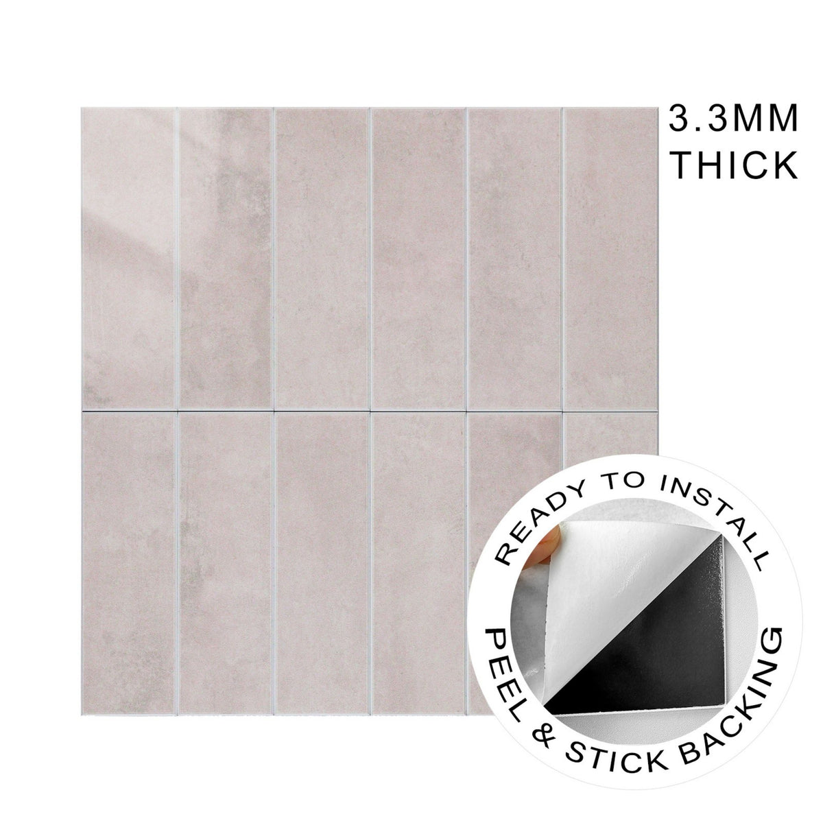 A rectangular peel-and-stick wall tiles in a light pink stone finish, shown with a circular inset demonstrating the peel-and-stick backing and text indicating 3.3mm thickness.