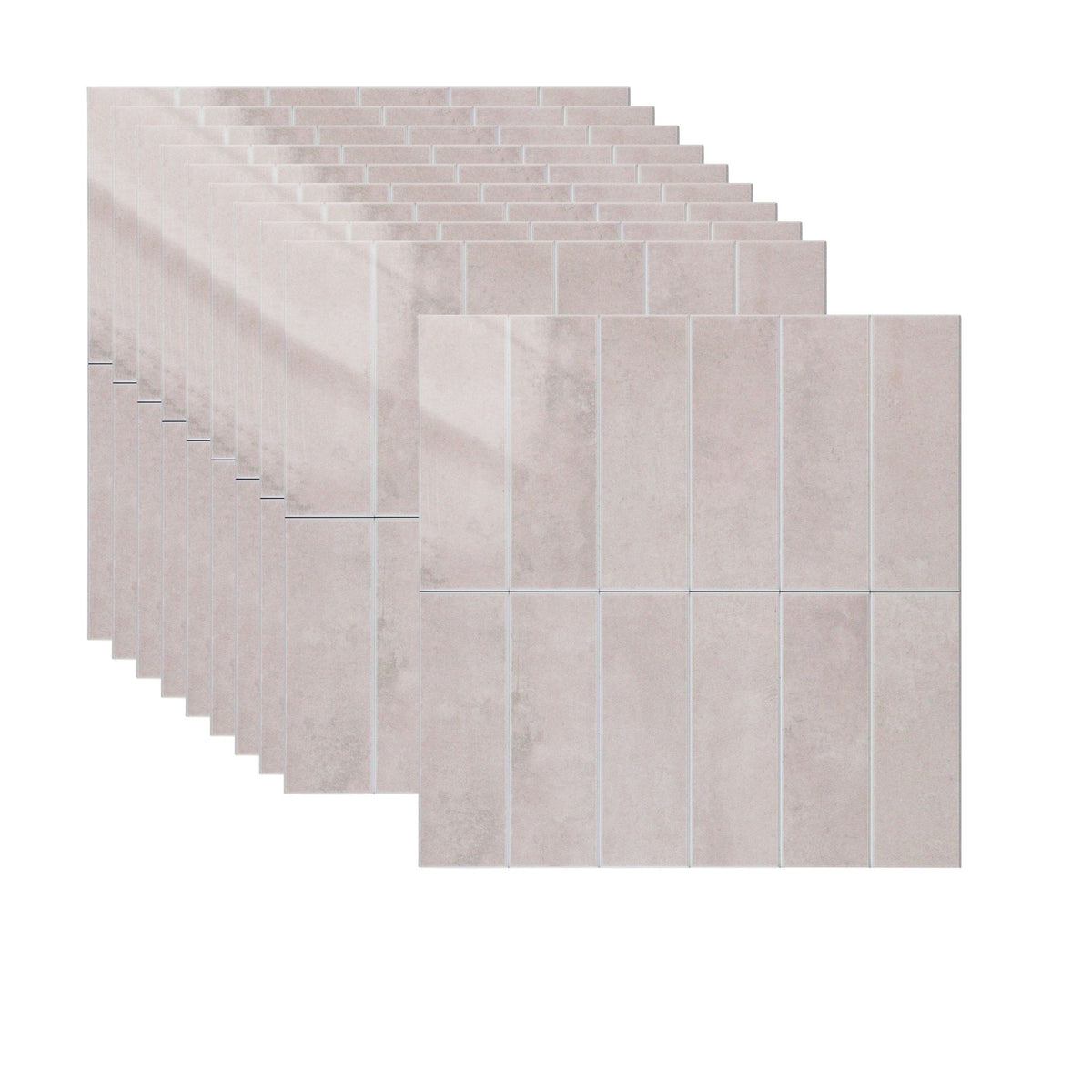 A stack of square light pink stone-look tiles arranged in overlapping rows on a plain white background.
