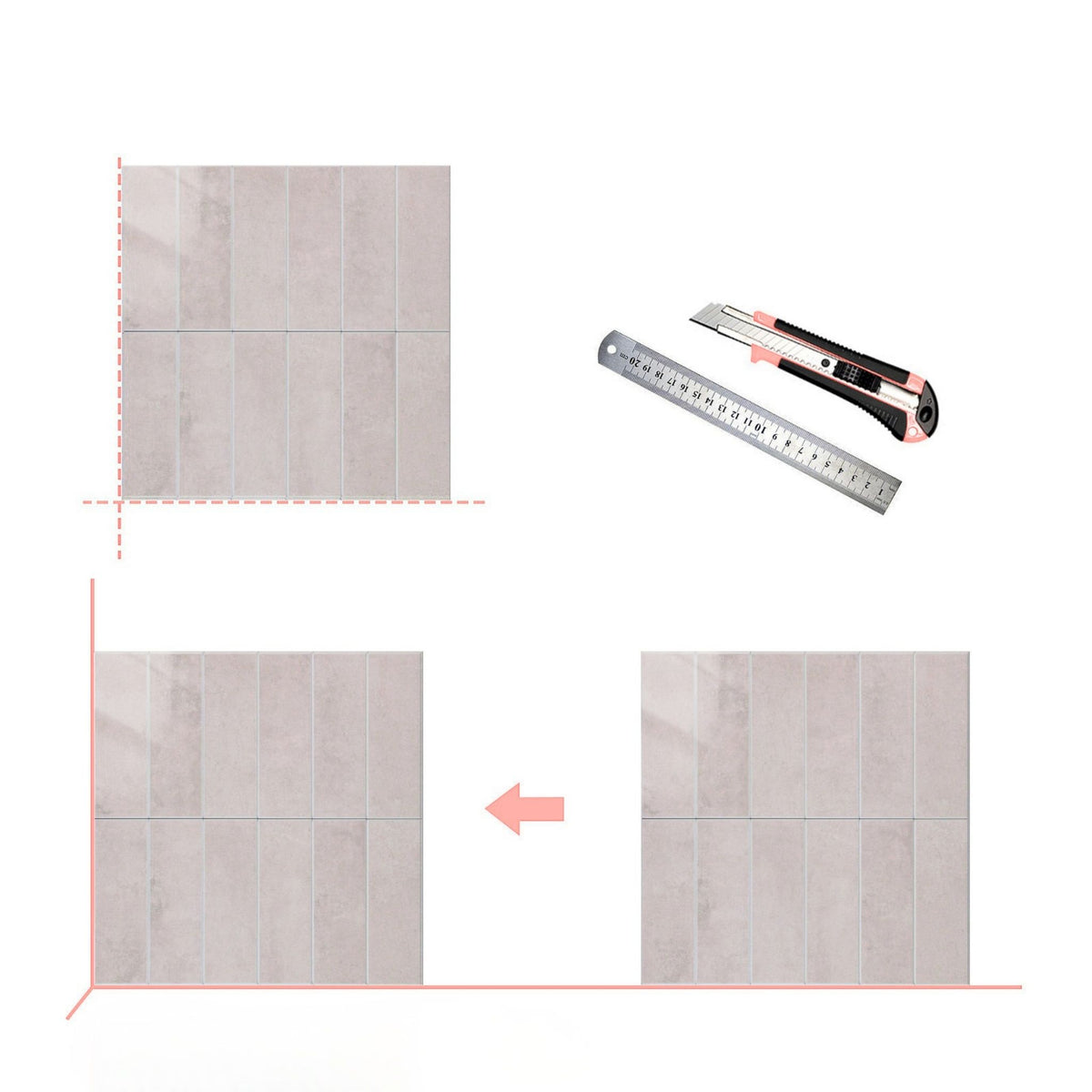 Installation diagram from pink stacked subway tiles and a ruler and craft knife