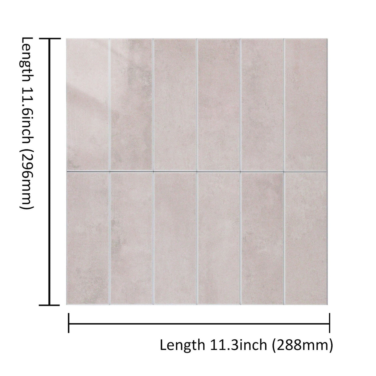 A square tile sample with dimension markings showing a length of 11.6 inch (296 mm) and a width of 11.11.3 inch (288 mm)