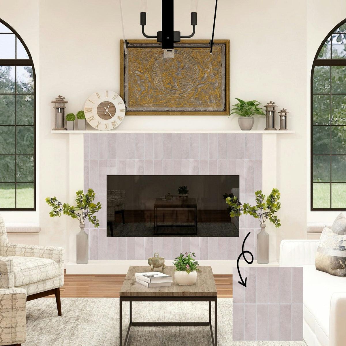 A staged living room interior showing a fireplace with pale blush pink rectangular tiles, plus a floating inset tile sample on the lower right with an arrow pointing to the installed tile area. 