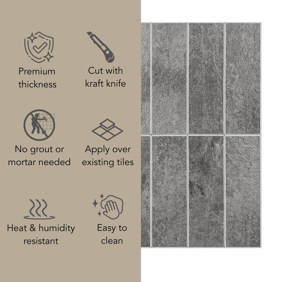 Grey stone-look rectangular wall tiles shown next to feature icons and text highlighting product benefits such as premium thickness, cut with a kraft knife, no grout or mortar needed, heat and humidity resistance, and ease of cleaning.