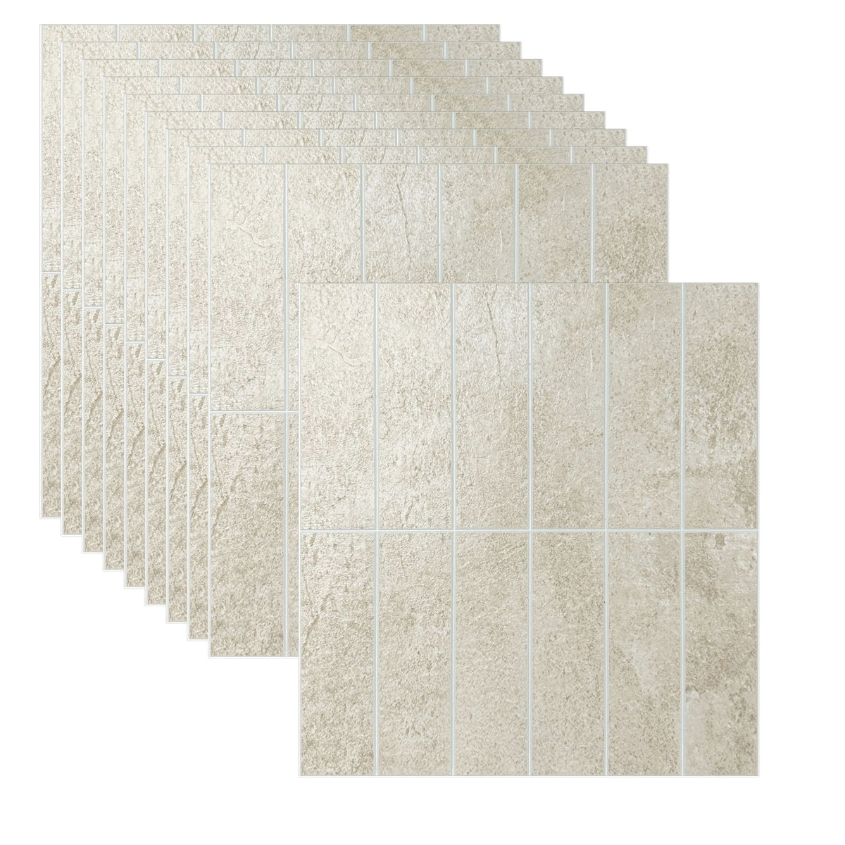A stack of square composite tiles with a textured light beige and off-white stone-like pattern, on a solid white background.
