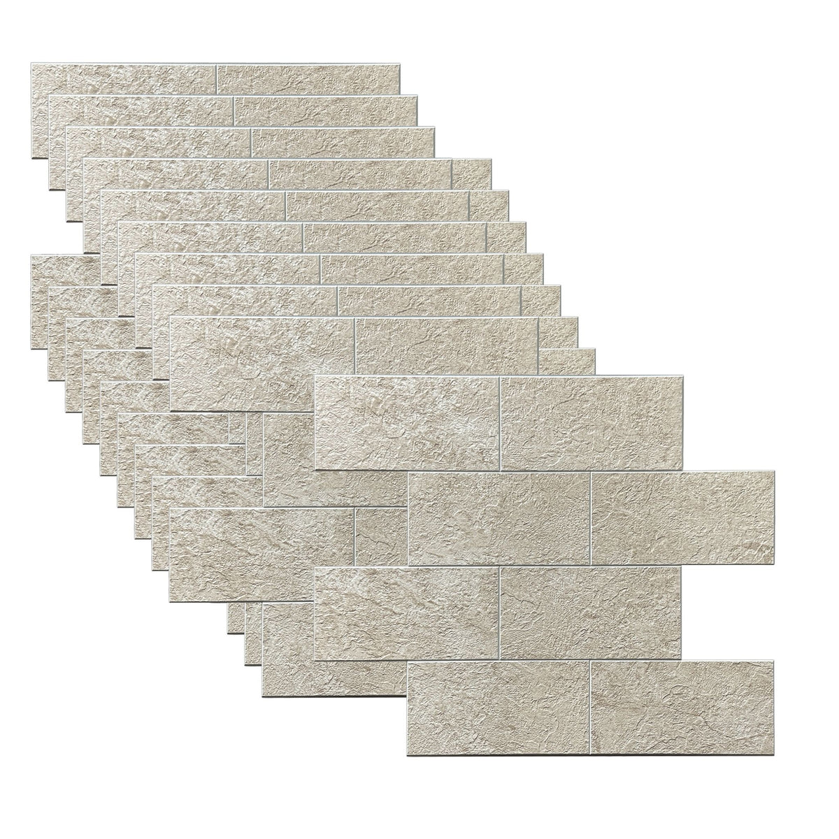 A stack of rectangular stone-look wall tiles arranged in a staggered, overlapping layout on a plain white background.